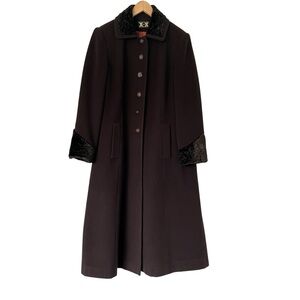 Wool Long Coat with Faux Fur Trim - Black